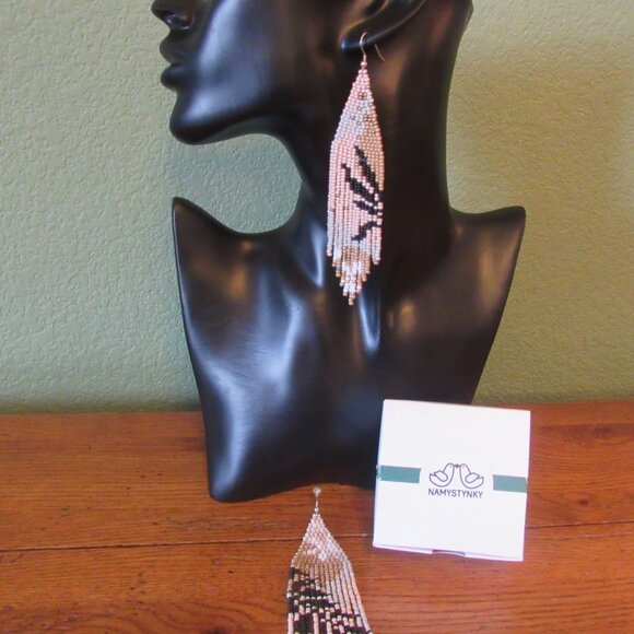 Beautiful Namystynky Etsy Artisan Floral Abstract Long Czech Beaded Earrings - Picture 2 of 15